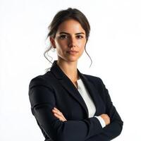 Confident businesswoman poses against a white background showcasing professionalism and poise during a corporate photoshoot photo