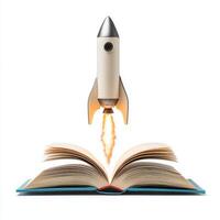 Rocket launching from an open book symbolizes imagination and knowledge expansion photo