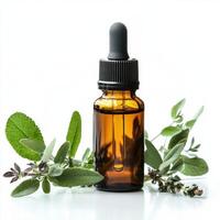 Essential oil dropper bottle with fresh herbs on a bright surface photo