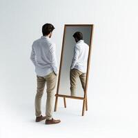 Reflection of a man in a mirror standing alone in a minimalistic setting with bright lighting photo
