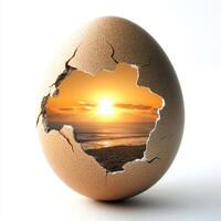 Cracked egg revealing a breathtaking sunset over the ocean's horizon at a secluded beach photo