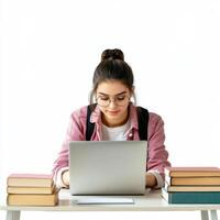 Student studying at a desk with textbooks and laptop in a bright workspace photo