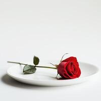 Red rose placed elegantly on a white plate against a plain background creating a simple yet striking composition photo