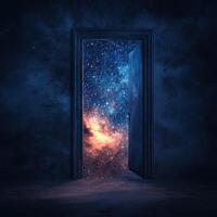 Discovering a cosmic realm through an open door in a dark, atmospheric setting photo
