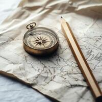 Vintage compass and pencil resting on an old map create a sense of adventure and exploration in a calm atmosphere photo