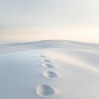 Footsteps lead through a calm, snow-covered landscape during early morning light on a clear day photo