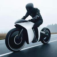 Futuristic motorcycle riding on a wet road in a foggy landscape during daytime with a rider in all black gear photo