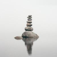 Stacked stones create a tranquil balance on a calm water surface during early morning fog photo