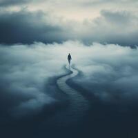 Lonely figure walking along a winding path in the misty clouds at dusk photo