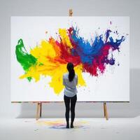 Artist creates vibrant abstract painting in a modern studio filled with colors and energy photo