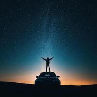 Person stands on car roof under a dazzling starry sky at twilight in a serene outdoor setting photo