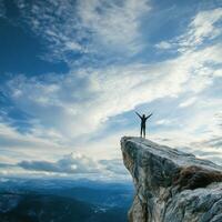 Person stands triumphantly on cliff edge beneath a vast sky during golden hour, showcasing an adventurous spirit and breathtaking landscape photo