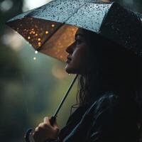 Woman standing in the rain holding an umbrella while enjoying a tranquil moment outdoors photo