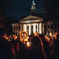 Demonstrators gather for peace vigil with candles and signs outside historic building at night photo