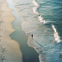 Person walks along the serene beach shoreline at sunset enjoying the peaceful waves and sandy landscape photo