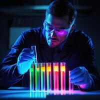 Scientist conducts experiment with glowing test tubes in laboratory at night photo