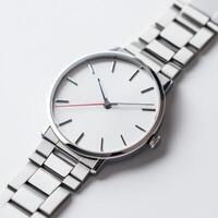 Elegant silver watch with white dial and minimalist design displayed on a light background photo