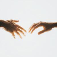 Two hands reaching toward each other with light illuminating the space between them during a moment of connection photo