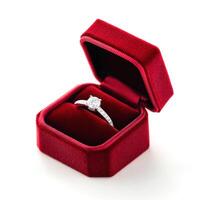 Sparkling engagement ring displayed in a red velvet box ready for a romantic proposal at a special moment photo