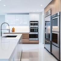 Modern kitchen interior with sleek design and contemporary appliances in a bright and spacious setting photo