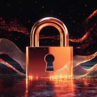 Shiny padlock surrounded by glowing particles on a dark reflective surface photo