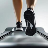 Running on a treadmill showcases fitness routine in a bright gym environment photo