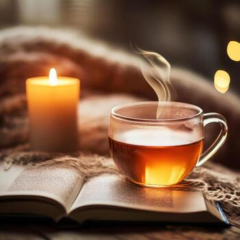 calentar taza de té junto a un parpadeando vela con un abierto libro durante acogedor noche horas foto
