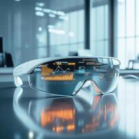 Innovative smart glasses displaying real-time data and analytics in a modern office environment photo