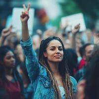 Activists gather in unity to advocate for social justice in a vibrant urban setting during the afternoon photo