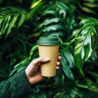 Holding a biodegradable coffee cup in a lush tropical setting surrounded by vibrant green foliage photo