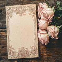 Vintage styled paper with delicate roses arranged on a rustic wooden surface in soft natural light photo