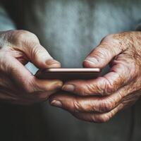 Elderly hands holding a smartphone while navigating technology in a cozy indoor setting photo