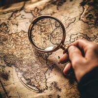 Exploring historical maps with a magnifying glass for details and discovery in a vintage setting photo