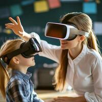 Engaging virtual reality experience between a mother and daughter in a classroom setting photo