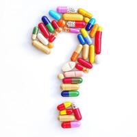 Colorful assortment of capsules arranged in the shape of a question mark on a white background photo