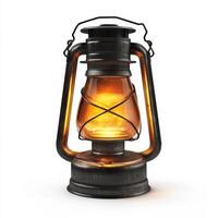 Vintage lantern casting a warm glow in a rustic setting during the evening hours photo