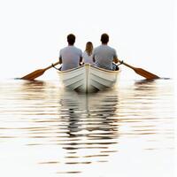 Family members enjoy a serene boat ride on calm waters during sunset photo
