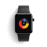 Smartwatch displays colorful circular gauge indicating measurements or status at an angle on a white background photo