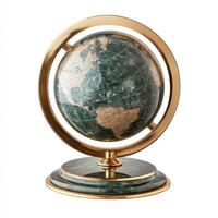 Decorative globe showcasing continents detailed with golden accents on a marble base photo