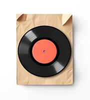 Vinyl record placed on brown paper showcasing retro music culture during a relaxed afternoon photo