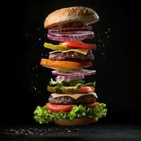Juicy burger stacked high with fresh ingredients against a dark background creating a vibrant culinary masterpiece photo
