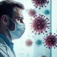 Medical professional examines virus structures during research on infectious disease spread and prevention measures photo