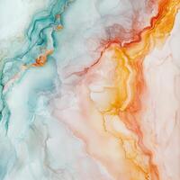 Abstract swirling patterns in shades of turquoise, orange, and peach create a fluid artistic design photo
