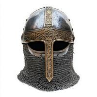 Historical knight helmet with intricate designs and chainmail displayed in a neutral background photo