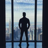 City view inspires reflection from a high-rise building overlooking the Manhattan skyline photo