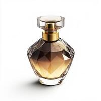 Elegant glass perfume bottle with a golden cap and gradient design showcased on a white background photo