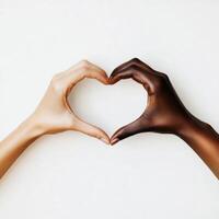 Hands creating a heart shape symbolize love and unity between different skin tones in a harmonious setting photo