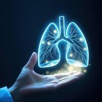 Glowing digital representation of human lungs being held in a hand with sparkles photo