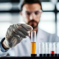 Scientist conducts experiment with test tubes in laboratory during bright daylight hours photo