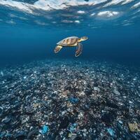 Ocean turtle swims over large expanse of plastic debris in the ocean during daylight photo